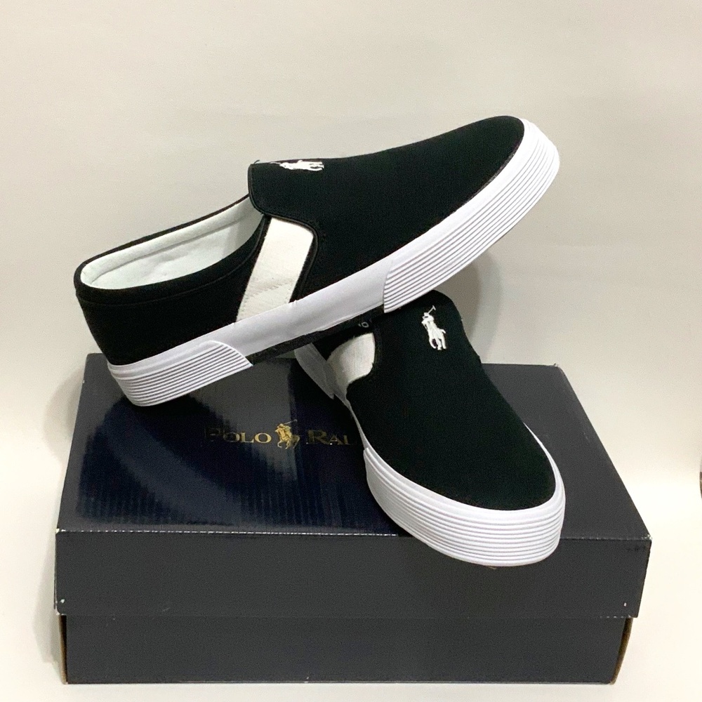 Polo Ralph Lauren Fakenham Black/White Canvas Slip-on Sneakers Men's Size 9D